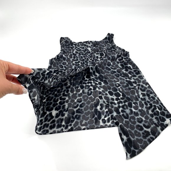 Express Snow Leopard Black Grey Tank Top Split Back XS Sheer Blouse Scoop Neck - Picture 10 of 11